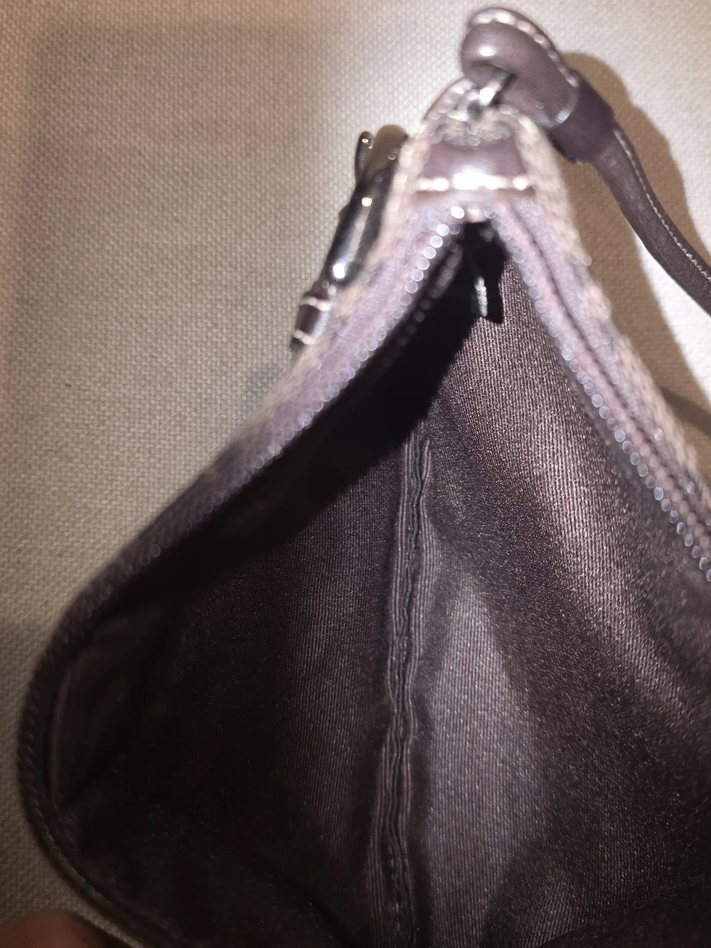 Coach Dark Brown Signature Canvas Wristlet with Black Suede Trim